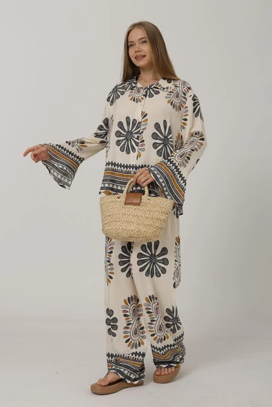 Desenli Kolları Volanlı Pantolon Takım - Antrasit - Resim 2