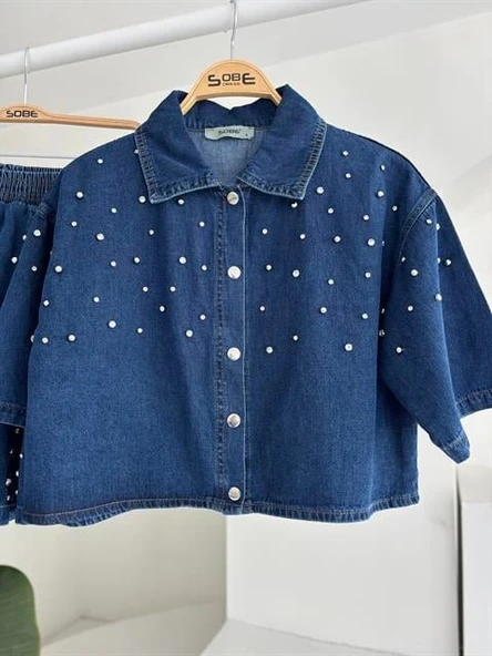 Taş Detaylı Gömlek Şort Denim Takım 10175 - 10