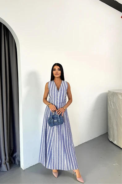 KETEN ÇİZGİLİ YELEK - UZUN ETEK TAKIM - Mavi ürün görseli