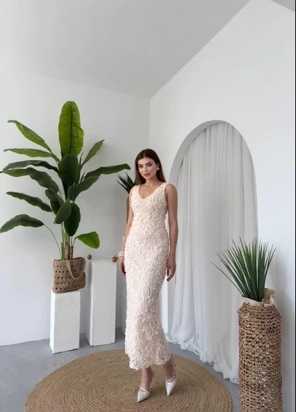 Kren Gül Detaylı Elbise - 4