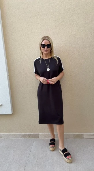 Kadın Kısa Kollu şerit Detay Midi Boy Elbise ürün görseli