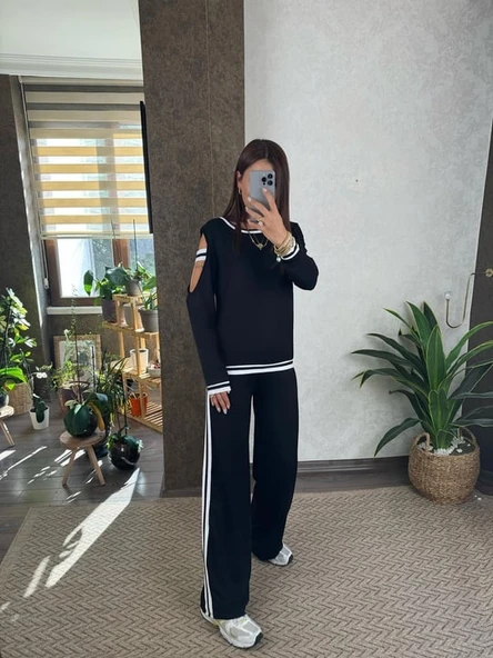 Kadın Iki Iplik Penye Kumaş Kol Detaylı Ribanalı Ikili Takım - Resim 3