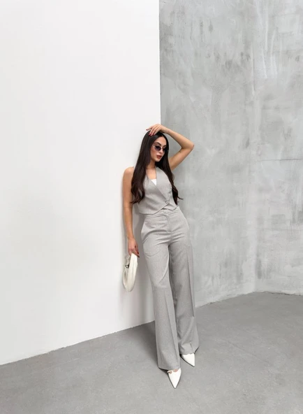 Toskana Çi̇zgi̇li̇ Kruvaze Yaka Tek Düğmeli̇ Yelek Pantolon Takim ürün görseli