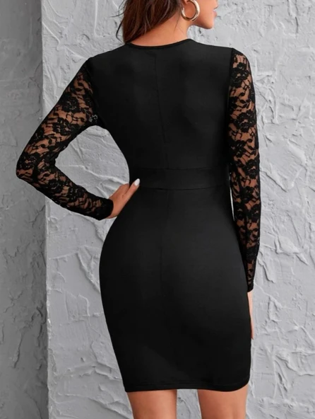 Kadın Uzun Kollu Bisiklet Yaka Kol Vegöğüs Tül Detay Krep Elbise - Resim 2