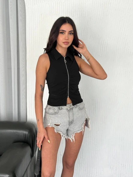 Yakalı Tam Fermuarlı Kolsuz Bluz - Siyah - Resim 3