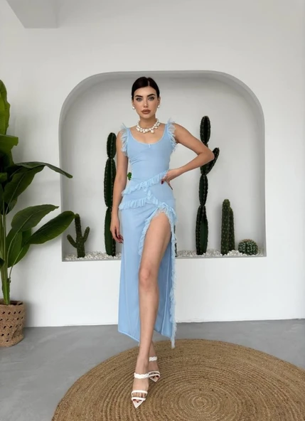 Felix Yırtmaçlı Midi Tül Elbise - Resim 4