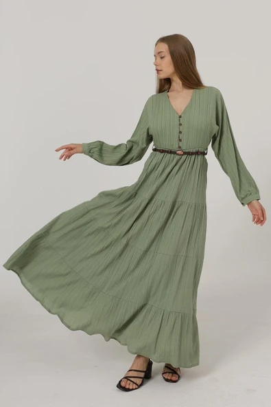 Önü Yarım Düğmeli Uzun Kol Kemerli Elbise - Haki ürün görseli