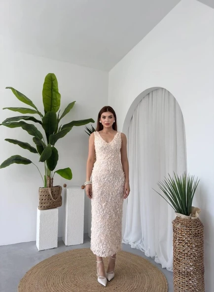 Kren Gül Detaylı Elbise - 7