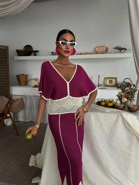 Dantel Desenli V Yaka Triko Elbise 2844 - Resim 5