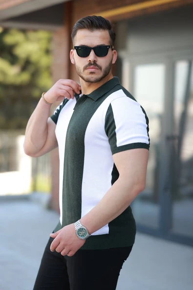 Erkek Kısa Kollu Polo Yakalı Blok Desenli Triko Bluz - Resim 2