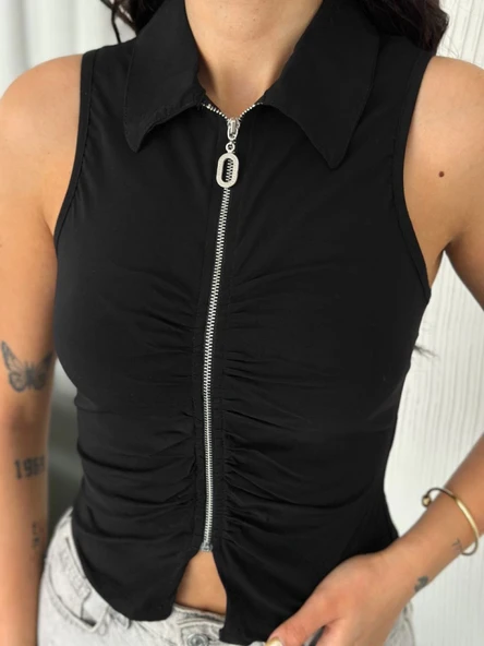 Yakalı Tam Fermuarlı Kolsuz Bluz - Siyah ürün görseli