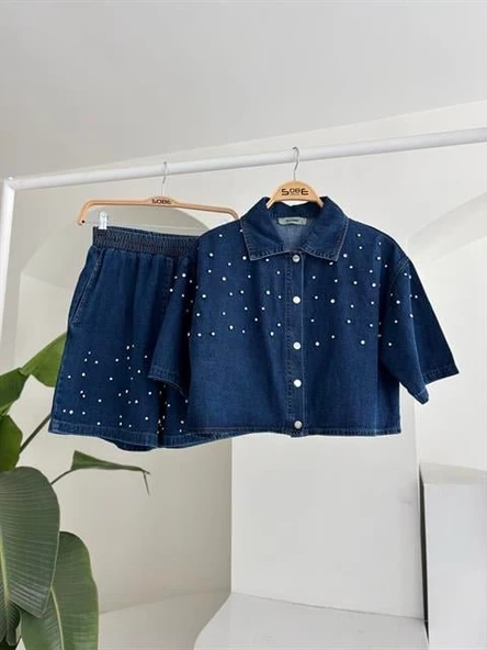 Taş Detaylı Gömlek Şort Denim Takım 10175 - 8