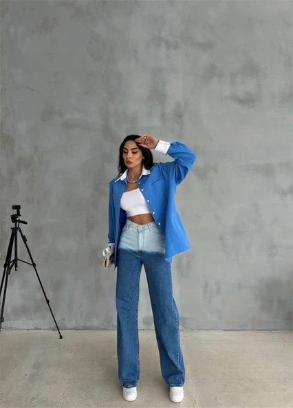 KOL VE MANŞET BEYAZ KAPALI PİLE DETAYLI GÖMLEK - Mavi - Resim 2