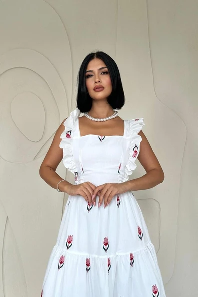 Kırmızı Sıfır Kol Fırfırlı Elbise - Resim 2