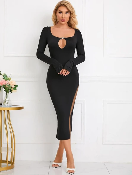 Kadın Uzun Kollu Yaka Damla Detay Mini Aksesuarlı Yırtmaç Detay Krep Elbise - Resim 2