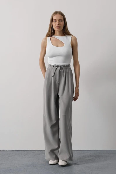 Pileli Bağcıklı Oversize Pantolon - Gri - Resim 3