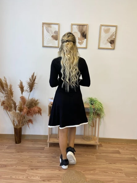 Kadın Uzun Kollu Derin Yuvarlak Yakalı Kısa Viskon Iki Iplik Elbise - Resim 4