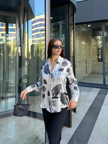 Kadın Uzun Kollu Dijital Baskılı Salaş Saten Gömlek ürün görseli