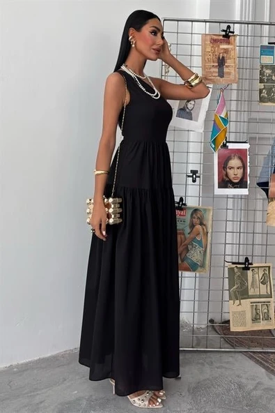 Tek Omuzlu Pile Detay Maxi Elbise 2895 - Resim 7