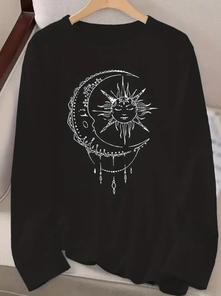 Kadın Uzun Kollu Bisiklet Yaka Ay Baskılı Viskon Bluz - Resim 2