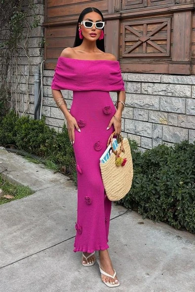 Eteği Gül Detay Madonna Yaka Elbise 2863 - Resim 7