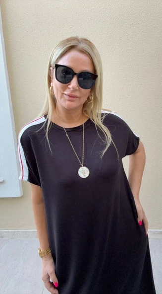 Kadın Kısa Kollu şerit Detay Midi Boy Elbise - Resim 2