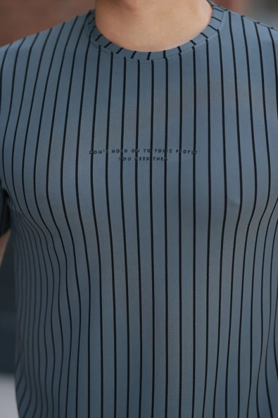 Erkek Dikey çizgili Ottoman Kumaş Kısa Kollu T-shirt - Resim 3