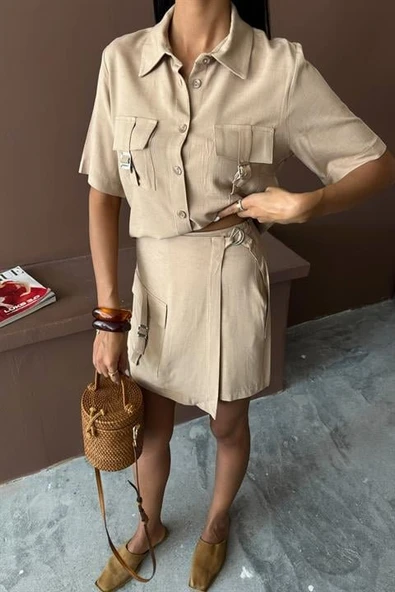 Gömlek Şort Etek Viscon Keten Takım 10162 - Resim 4