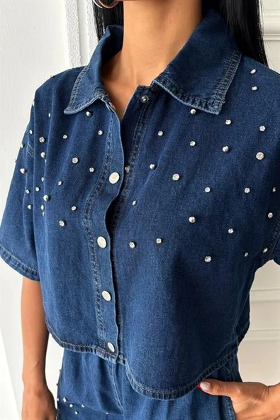 Taş Detaylı Gömlek Şort Denim Takım 10175 - 7