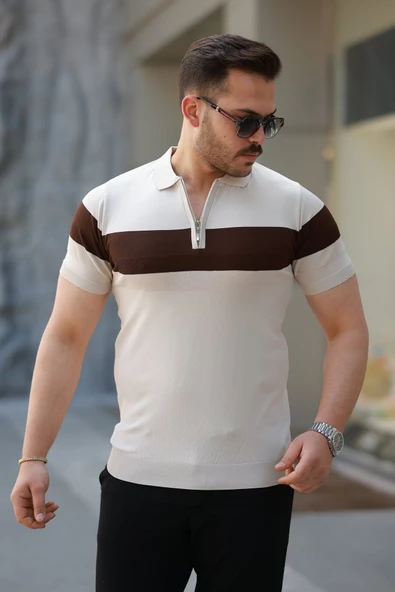 Erkek Fermuar Yakalı şerit Renk Desenli Kısa Kollu Tişört ürün görseli