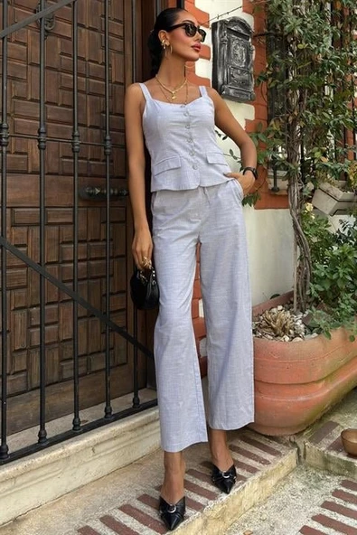 Kalın Askılı Bluz Pantolon Keten Takım 10187 - Resim 5