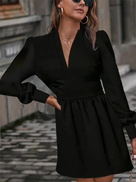 Kadın Uzun Kollu V Yaka Belden Hafif Pileli Scuba Krep Mini Boy Elbise - Resim 3