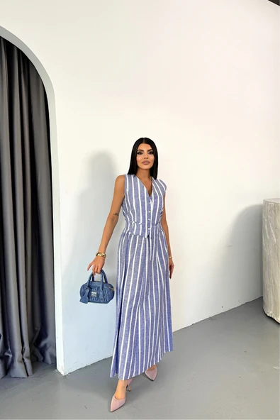 KETEN ÇİZGİLİ YELEK - UZUN ETEK TAKIM - Mavi - Resim 2