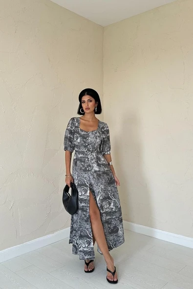 Haki Önü Düğmeli Kalp Yaka Elbise ürün görseli