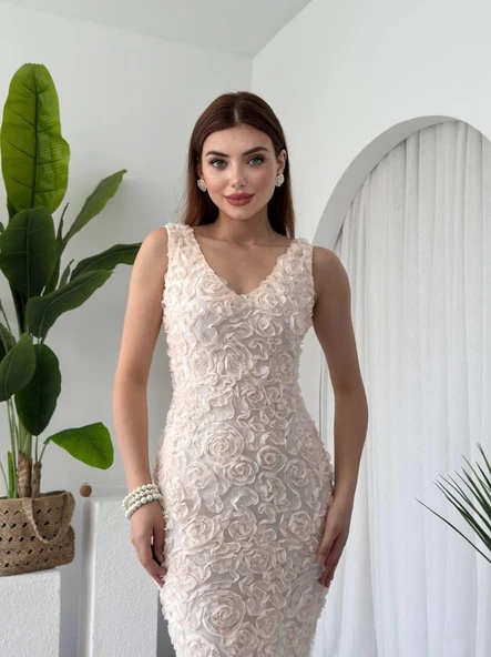 Kren Gül Detaylı Elbise - 3