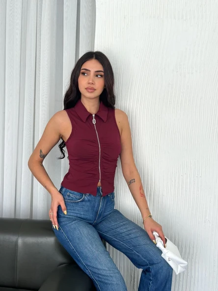 Yakalı Tam Fermuarlı Kolsuz Bluz - Bordo - Resim 3