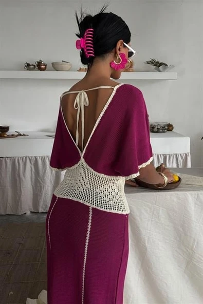 Dantel Desenli V Yaka Triko Elbise 2844 - Resim 4