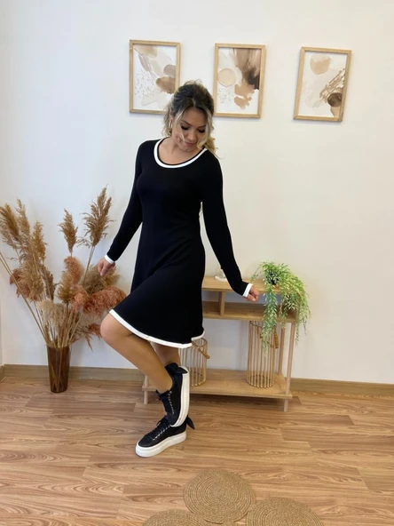 Kadın Uzun Kollu Derin Yuvarlak Yakalı Kısa Viskon Iki Iplik Elbise - Resim 6