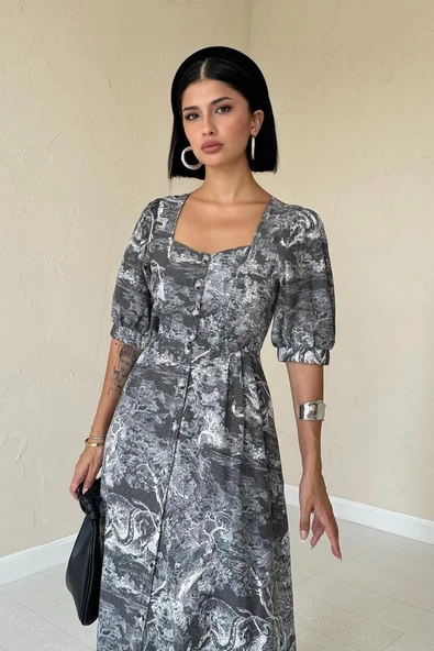 Haki Önü Düğmeli Kalp Yaka Elbise - Resim 2