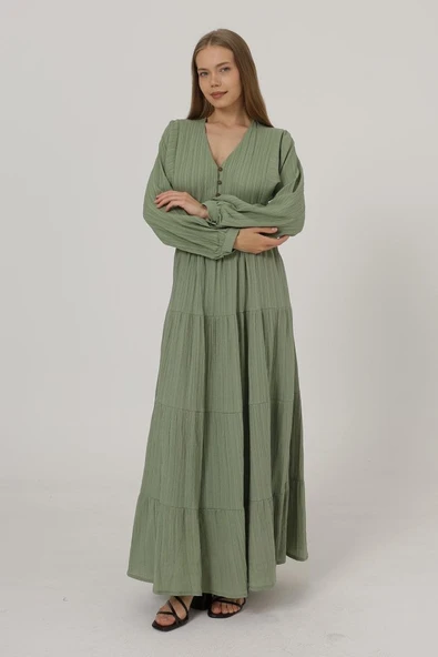 Önü Yarım Düğmeli Uzun Kol Kemerli Elbise - Haki - Resim 3