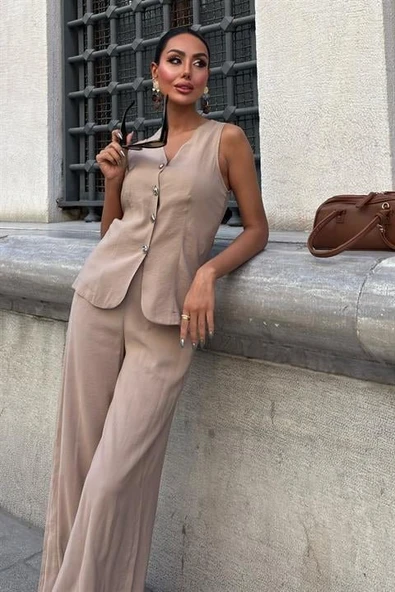 Arkası Bağcıklı Yelek Plazza Pantolon Modal Takım 10202-08 - Resim 2