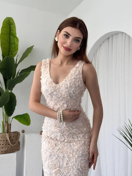 Kren Gül Detaylı Elbise - 5