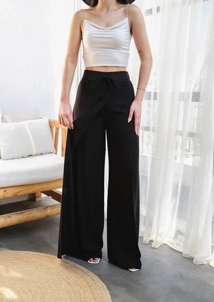 Keten Önü Çapraz Parçali Lasti̇kli̇ Ve Bağcikli Geni̇ş Paça Pantolon - Resim 3