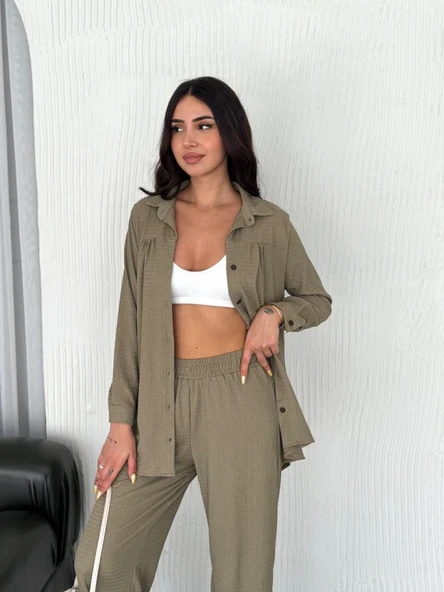 Yakalı Düğmeli Uzun Kollu Gömlek Pantolon Ikili Takım - Bej