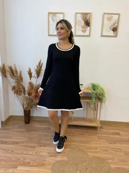 Kadın Uzun Kollu Derin Yuvarlak Yakalı Kısa Viskon Iki Iplik Elbise - Resim 3