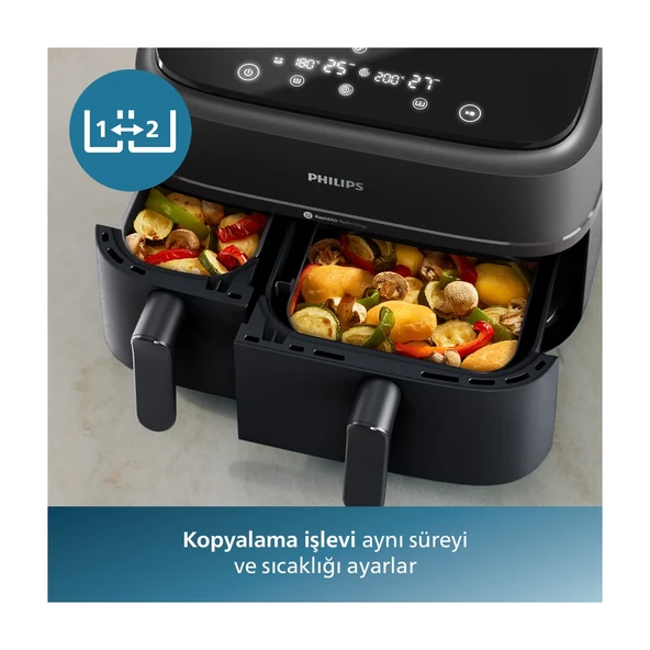 NA350/00 3000 Serisi Airfryer Çift Hazneli, Rapid Air Plus Teknolojisi, 8 Ayarlı Dijital Ekran, HomeID Uygulaması, - Resim 5