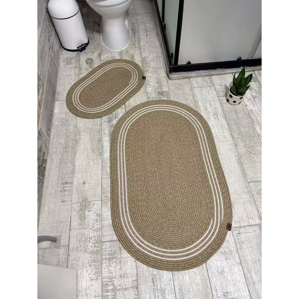 Jüt Hasır 2li Banyo Paspas Takımı-Bej Ortası Aralıklı Beyaz - 2