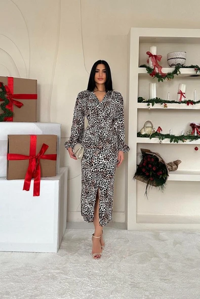 Leopar Önü Yırtmaçlı V Yaka Elbise - Resim 3