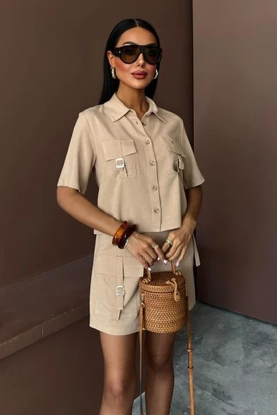 Gömlek Şort Etek Viscon Keten Takım 10162 - Resim 6