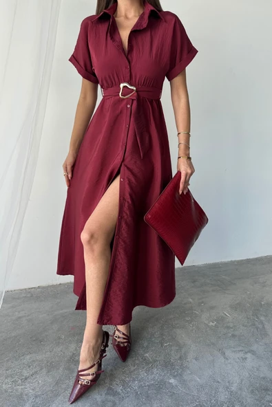 ÖNDEN DÜĞMELİ CRUSHLI MODAL ELBİSE - Bordo - Resim 3